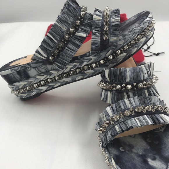 Christian Louboutin Spiked Denim Espadrille Mules - Picture 6 of 16